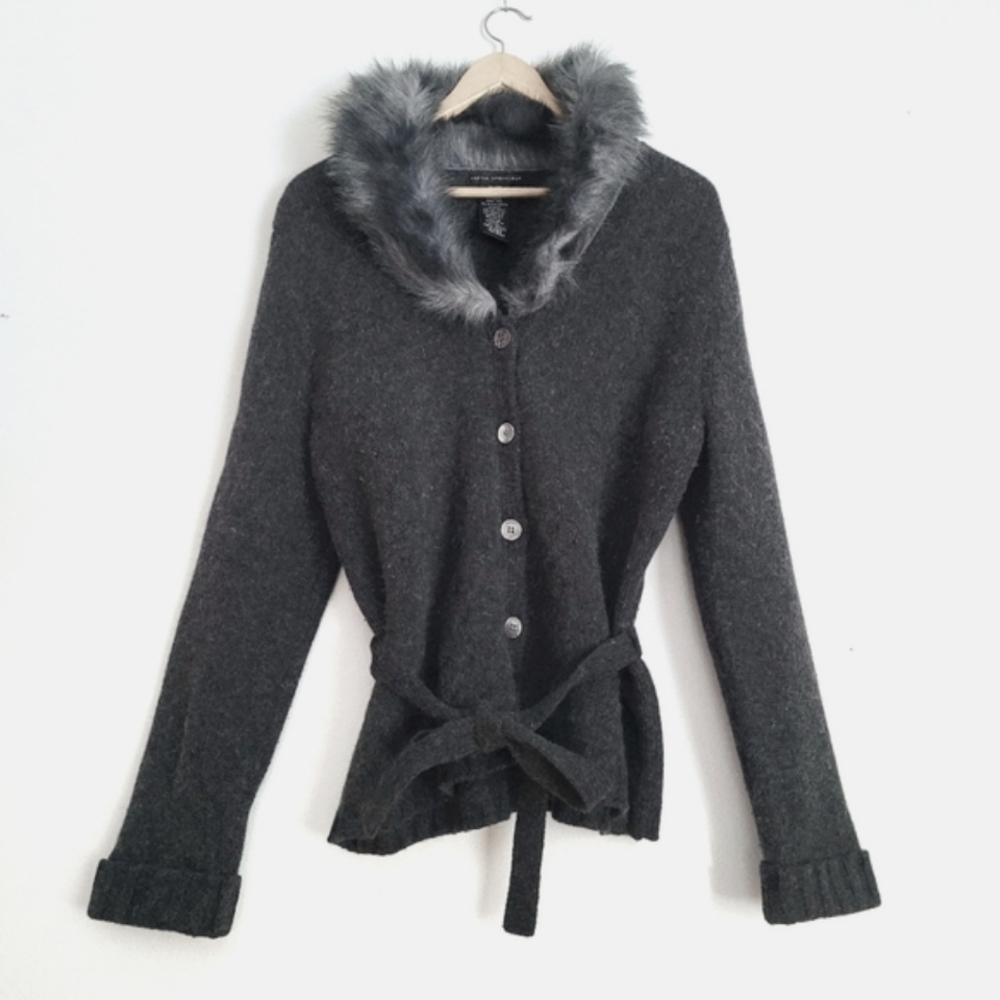 Lambs Wool Angora Hair Fur Collared Tie Front Grey Cardigan Sweater - XL